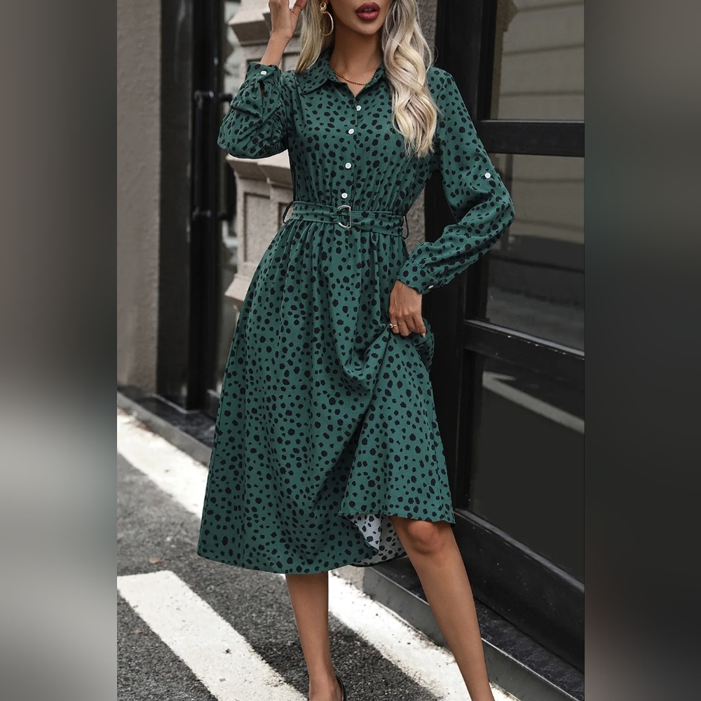 NWT-Boutique - Printed Belted Long Sleeve Roll Up Sleeve Dark Green Midi Dress-M